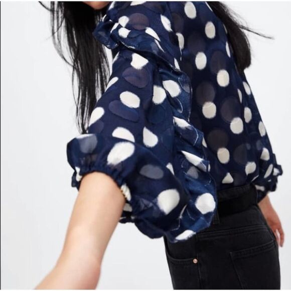 Zara EUC Semi Sheer Polkadot Navy White Ruffled Blouse Size XS - Picture 4 of 13